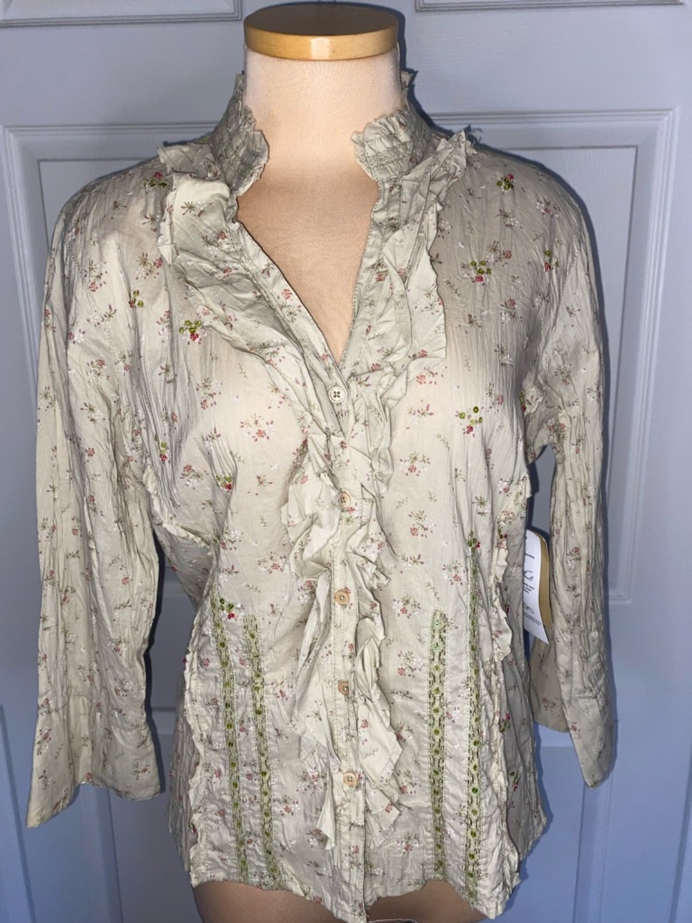 Quizz Again Ruffled Floral Button-Down Prairie Shirt - Sage Green, Cottagecore